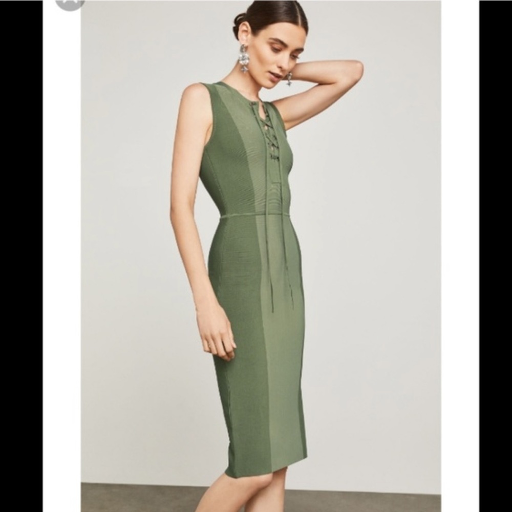 BCBGMAXAZRIA olive green contrast lace up bandage Bodycon dress